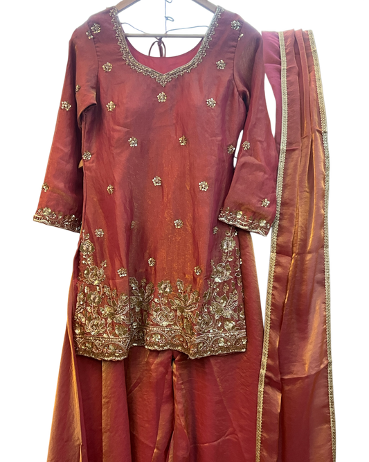 UK 10 / 36" - Coral - Silky Brocade Ladies Sharara / Palazzo Trousers Suit - Sangeet / Henna / Temple - JF1234 05TC26