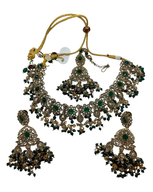 Green - Large Size Antique Gold Finish Necklace Set with Earrings & Head Piece - Bollywood - AE2513 08KK25