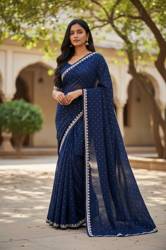 Navy Blue - Fancy Embroidered Saree with Blouse Piece - UK stock - 24hr Dispatch - SP250614 KC