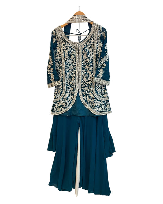 Turquoise Blue - Ladies Medium Length Top Palazzo Trousers Suit - Size 12 (38") - KTC250162 VK