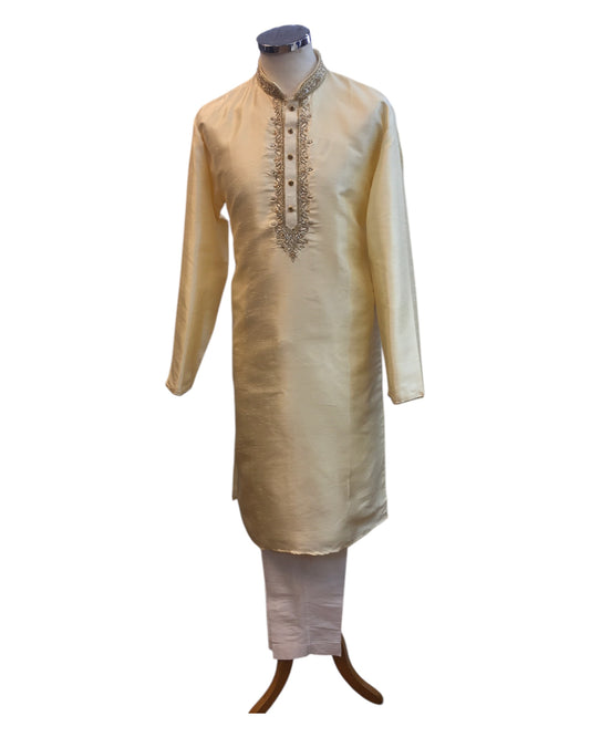 Light Gold - Rich Silky Mens Indian Kurta set with Hand Embroidery - Weddings / Walimas , Sangeet, Mehndi / Henna , Eid / Diwali - BS2506 01TC25