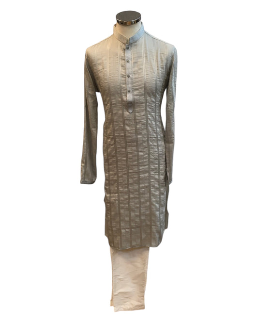 Light Grey / Silver - Silky - Mens Indian Kurta set - Weddings / Walimas , Sangeet, Eid, Mehndi / Henna - NAD2512 01KR25