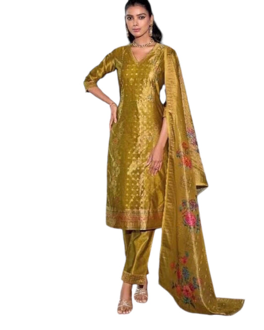 UK 10 / 36" - Haldi Yellow - Banarasi Handloom Ladies Indian Salwar Suit with Printed Dupatta - Available in Size 10 (36") LL-FAR22404 TY 1024