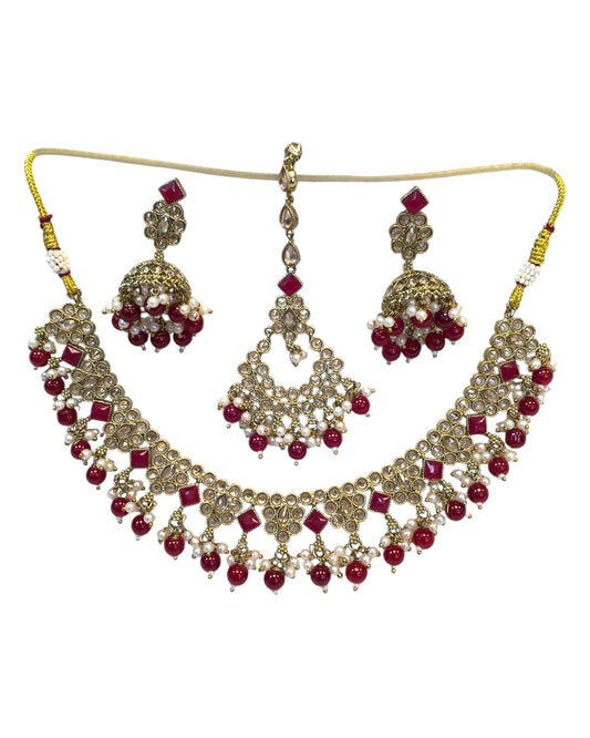 Magenta - Antique Gold Finish Necklace & Earrings Set - Bollywood - Weddings - KAJ1035 11KK24