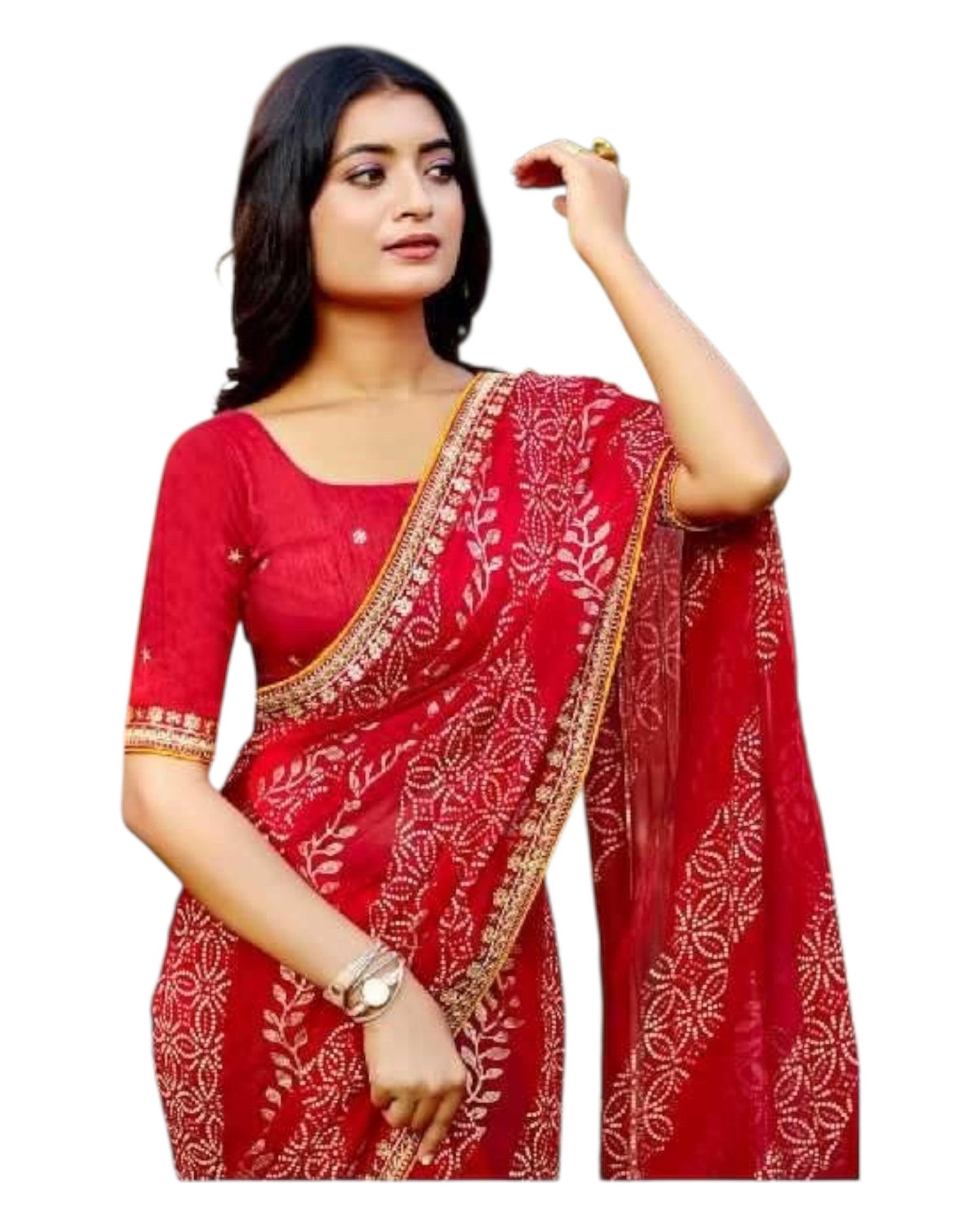 Red - Bandhani Printed - Chiffon Saree with Blouse Piece - KAS-Chuneri 306 10KV25