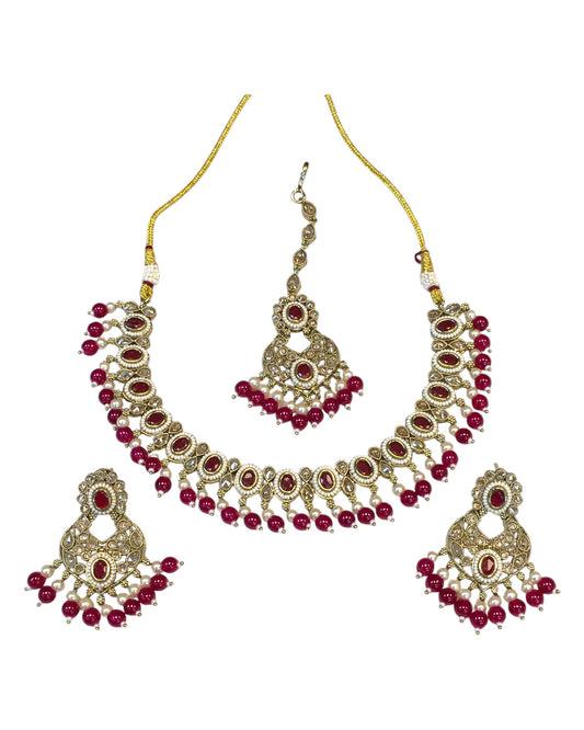 Magenta - Antique Gold Finish Necklace & Earrings Set - Bollywood - Weddings - KAJ996 11KT24