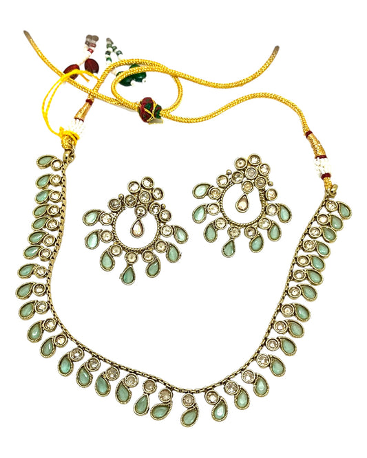 Sea Green - Small Size Antique Gold Finish Necklace Set with Earrings - Bollywood - AE2519 08C25