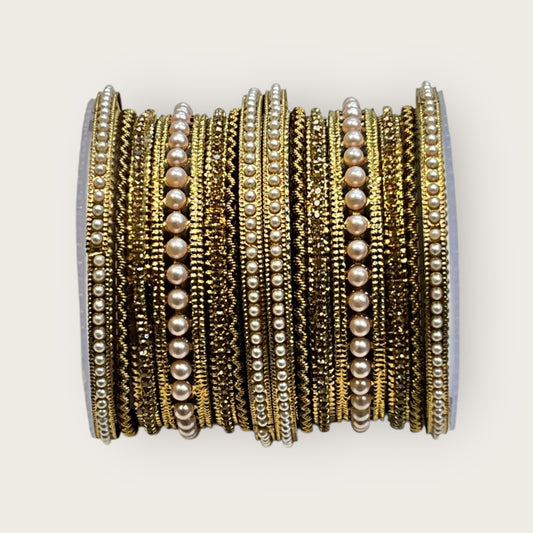 Pearls / Gold Stone - Antique Gold Finish Bangles Set (Set of 14) - UK stock - SM, M, L, XL JAN2655 09Tv25