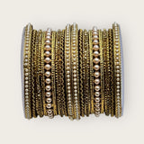 Pearls / Gold Stone - Antique Gold Finish Bangles Set (Set of 14) - UK stock - SM, M, L, XL JAN2655 09Tv25