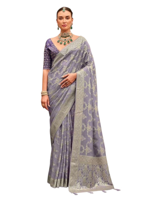 Lilac / Purple - Handloom - Chiffon Banarasi Saree with Blouse Piece - JOH1601 10TY25
