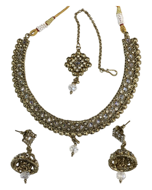 Clear Stone - Small - Antique Gold Finish Necklace Set with Earrings - DAJ533 C 0724