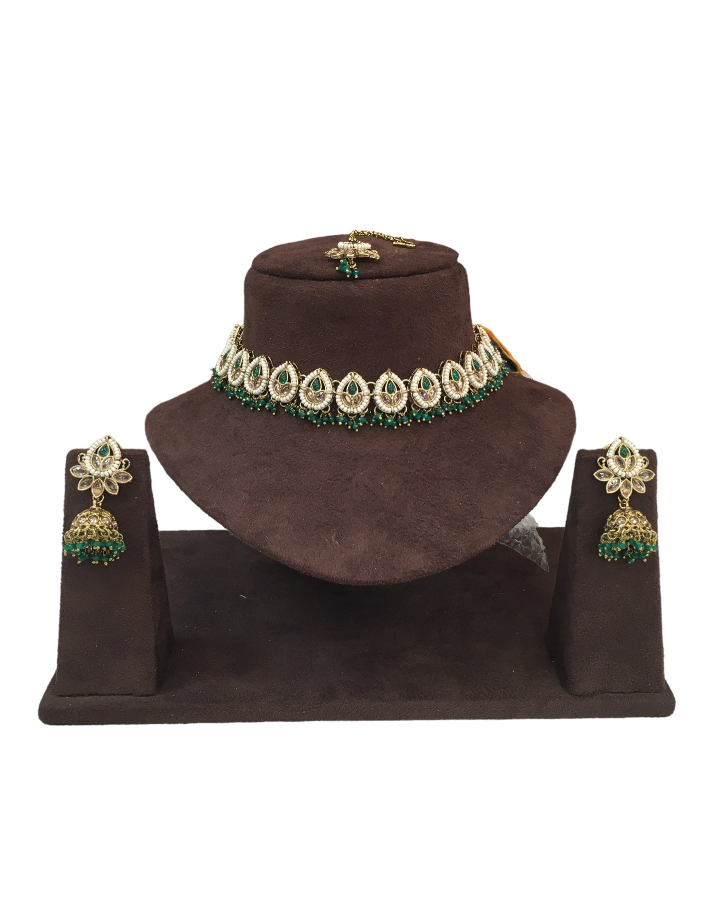 Green - Medium Size Antique Gold Finish Necklace Set with Earrings - RAK122 R 0424