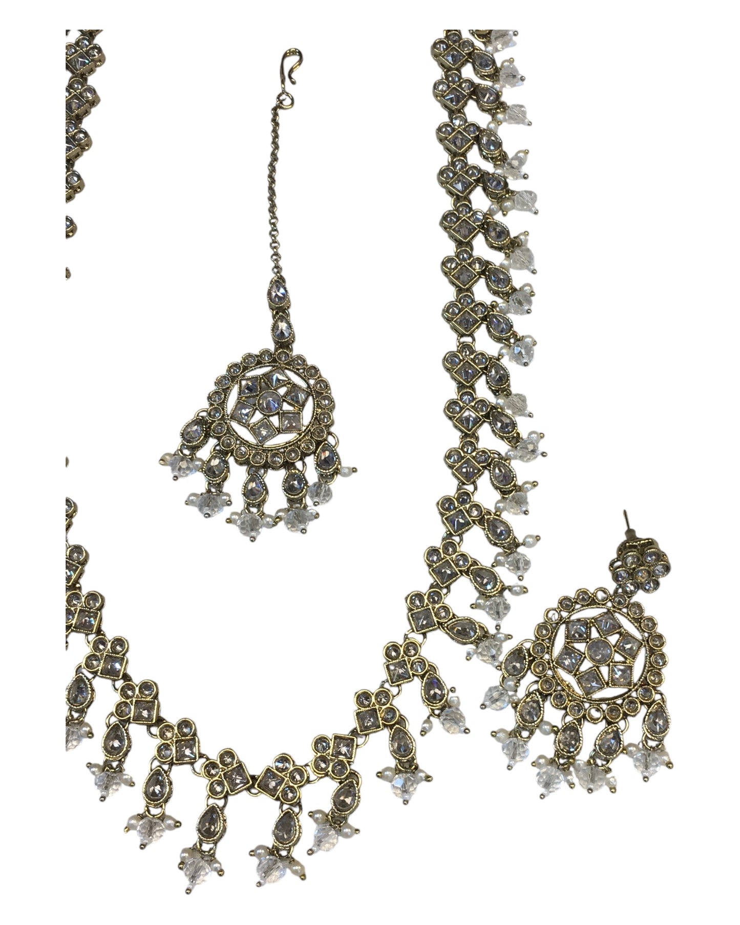 Clear - Large Size Antique Gold Finish Long Necklace Set with Earrings - RZ13 11KT24