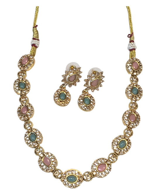 Sea Green / Pink - Small Size Gold Finish Necklace Set with Earrings - SB1124 11A24