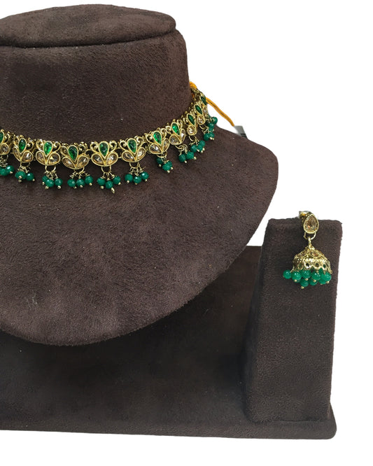 Green - Small Size Antique Gold Finish Necklace Set with Earrings - VJY401 A 0424