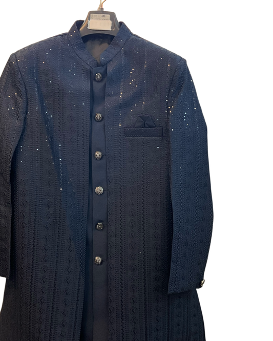 Navy Blue - Mens Knee Length Jacket with Long Waistcoat - Sherwani / Indo-Western - Fantastic Fit - KCS6625 03TT26