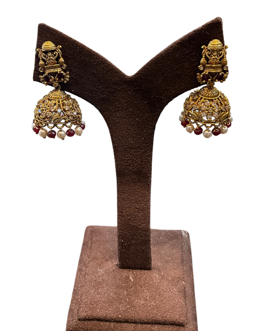 Maroon - Medium - Antique Gold Finish Traditional Earrings - Bollywood - Weddings - AE2611 P