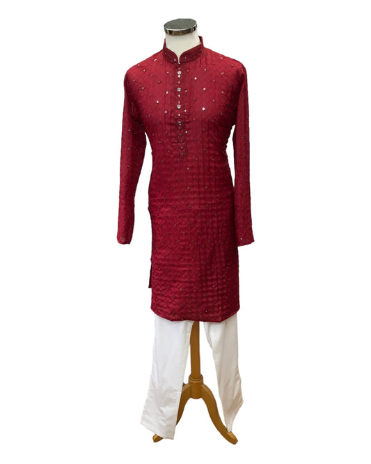 Maroon - Linen Mirror Work Mens Kurta Set - Sangeet Mehendi Haldi - NY23067KT 1123