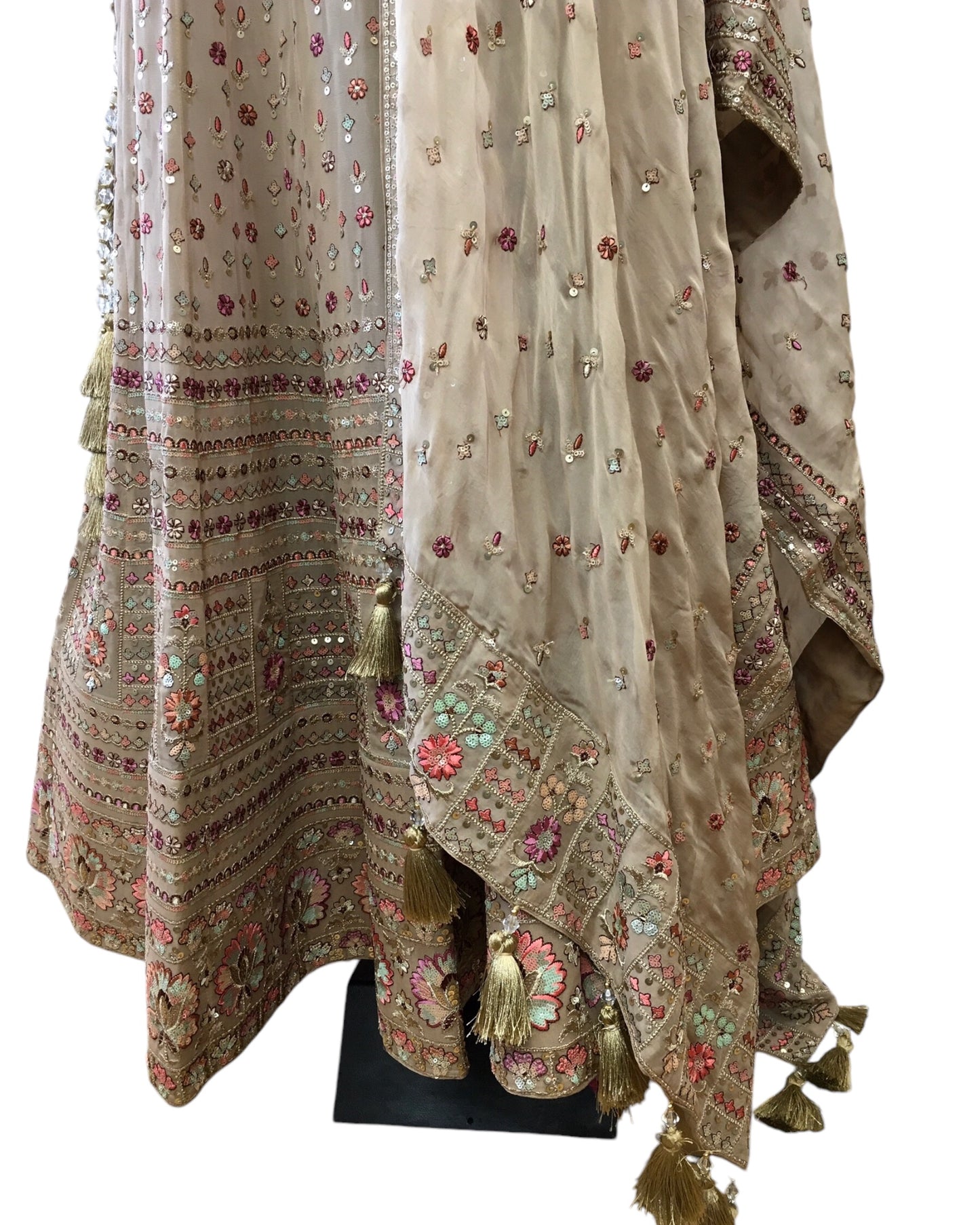 Light Brown - Delicately Embroidered Chiffon Designer Lehenga Set - UK 8-10, UK Stock - 24h Dispatch - NE2403 KKP 0724