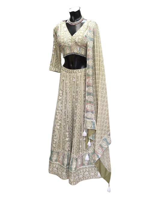Pastel Pista Green - Delicately Embroidered Chiffon Designer Lehenga Set - UK 12-16 - UK Stock - 24h Dispatch - NE2404 CP 0724