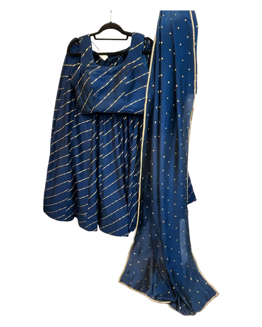 Petrol Navy Blue - Dupion Silk Lehenga Set - Garba / Dandia , Mehndi / Sangeet / Weddings - Size UK 12 (38" Bust) Adjustable to Size 14 - UK Stock - 24h Dispatch - AF2506 09TY25
