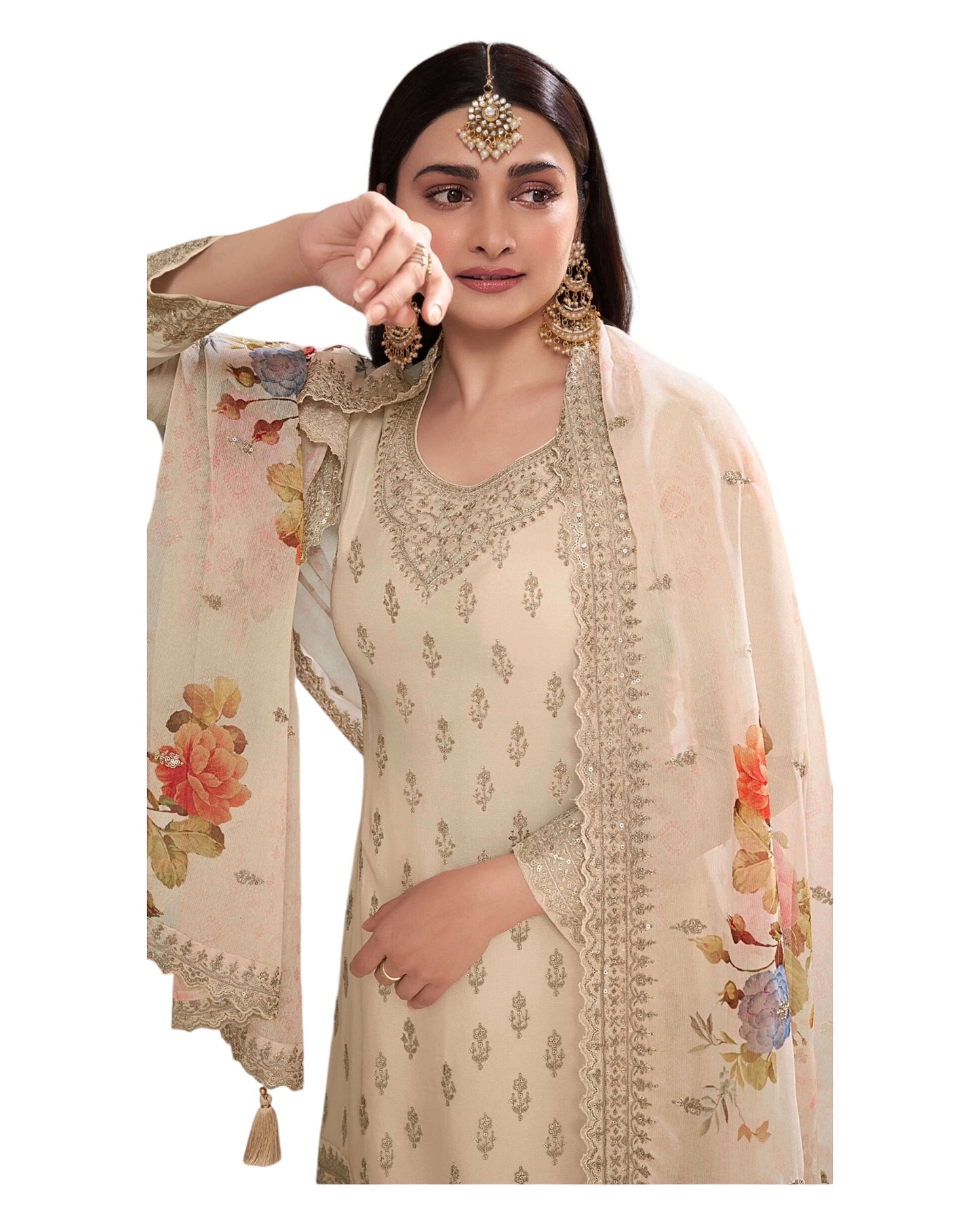 Cream - Simple / Classy Ladies Indian Palazzo Trousers Suit with Printed Dupatta - Size 20 (46") - VF67835 TK1024