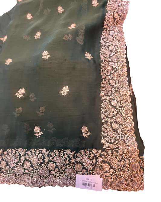 Bottle Green - Saree with Thread / Stone Work and Blouse Piece - UK stock - 24hr Dispatch - SP2617 VK
