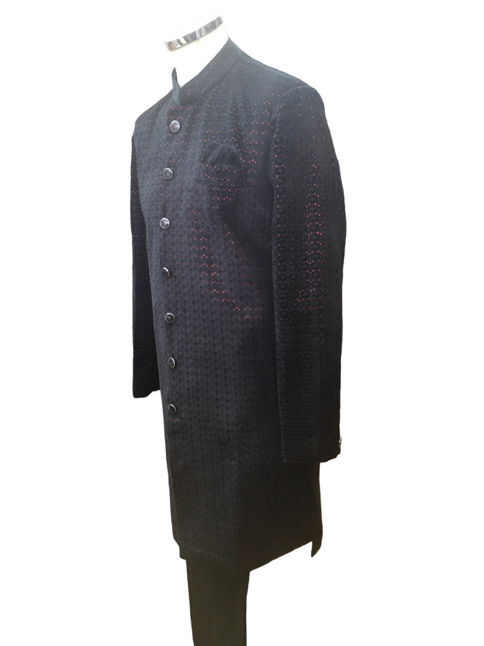 Black with Maroon Sequins Fully Embroidered Soft Sherwani Set - UK Stock - 24h Dispatch - Spark17 JY 0324