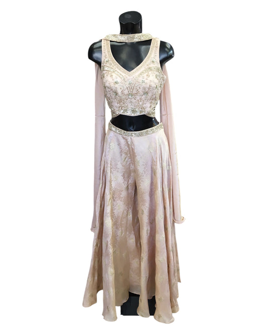 Champagne / Peach - Designer Ladies Short Top Palazzo Trousers Suit - Size 12 (38") - VMK KIA RR