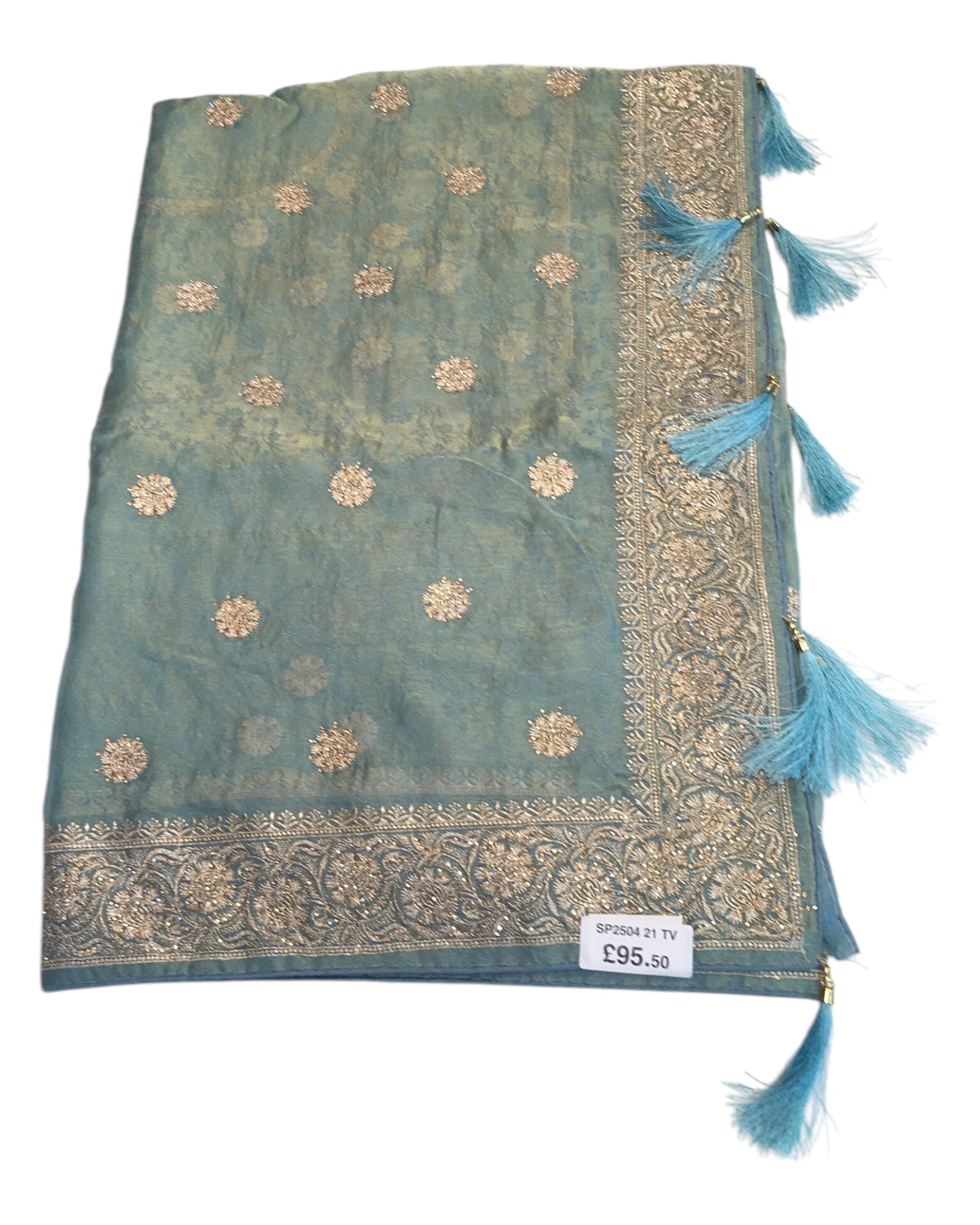 Turquoise - Tissue Chiffon - Party Wear Embroidered Saree with Blouse Piece - SP250421 TV