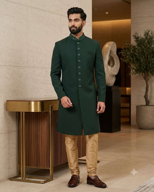 SALE ! Stunning Bottle Green Self Coloured Embroidery Sherwani with Cream Trousers - SHU2302 JR0123