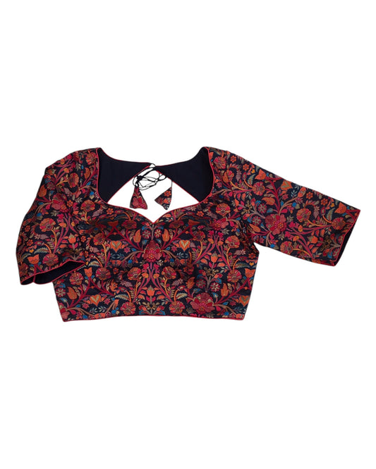 Navy Blue - Red / Orange Banarasi Brocade Saree / Lehenga blouse - 36" Bust (UK 10) Can be let out to size 14 - X1191 01KV25