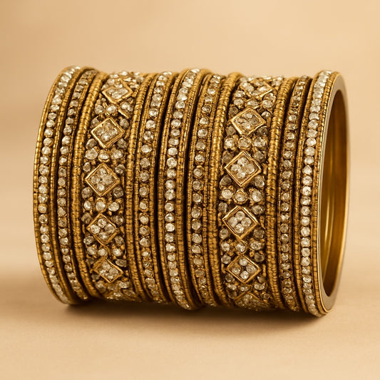 Clear White Stone and Pearl - Antique Gold Finish Bangles Set (Set of 18) - UK stock - SM, M, L, XL JAN2611 05P25