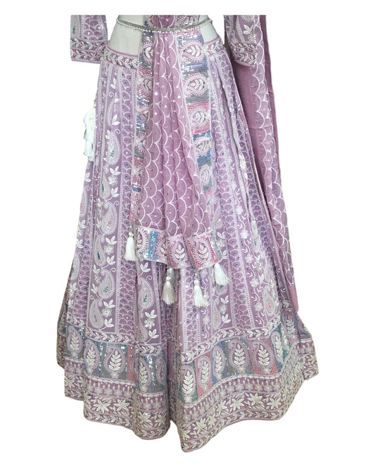 Pastel Lilac - Delicately Embroidered Chiffon Designer Lehenga Set - UK 12-16 - UK Stock - 24h Dispatch - NE2404 CP 0724