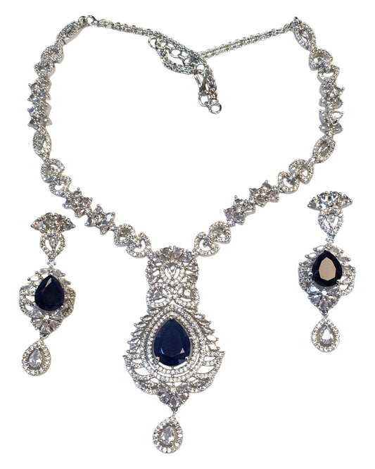 Navy Blue - American Diamond Style Silver Finish Large Size Necklace Set with Earrings - AE2425 11KK24
