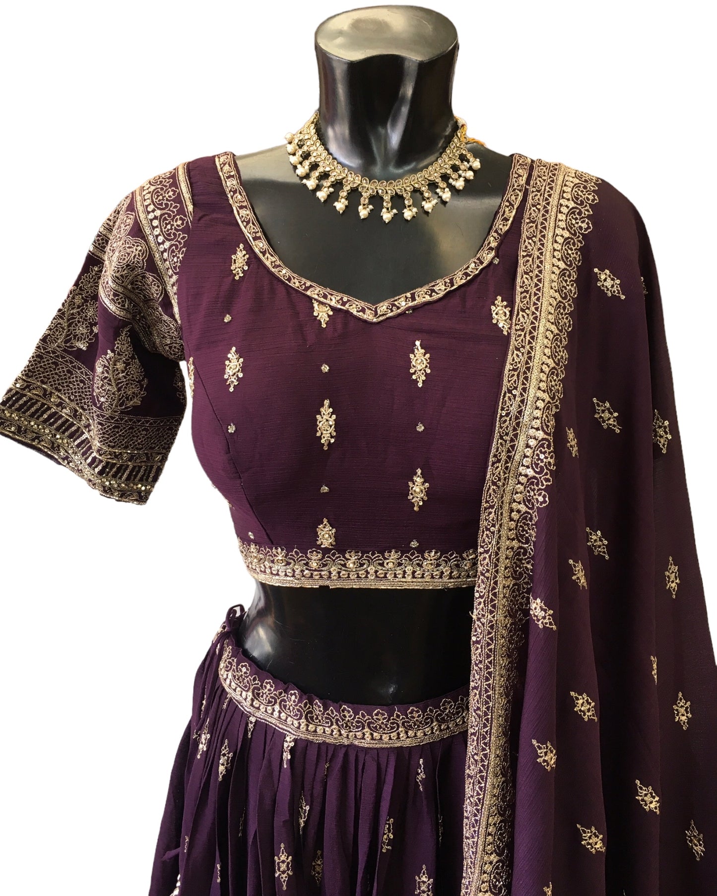 Wine - Soft Crepe Lehenga Set - Size 12(38") Expandable to size 16 - UK Stock - 24h Dispatch - SWA2405 JA 0424