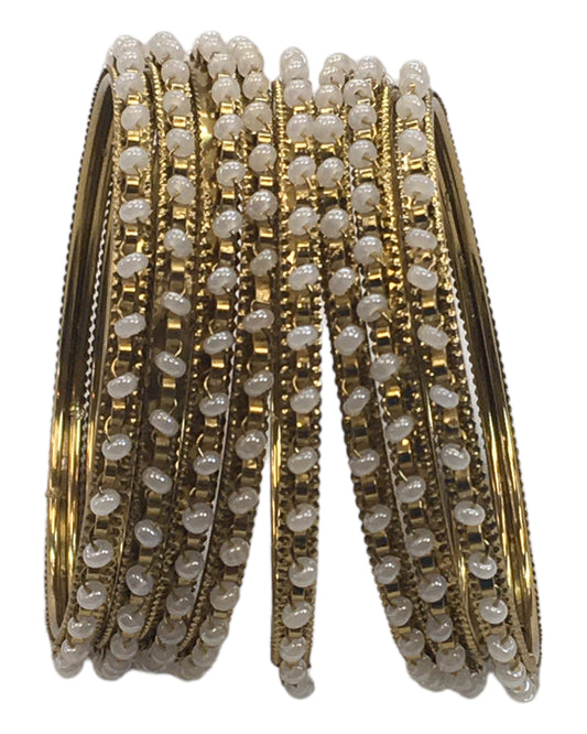Gold / Pearl - Set of 8 Stone Bangles - Antique Gold Finish - JAN5310 Kp 0923