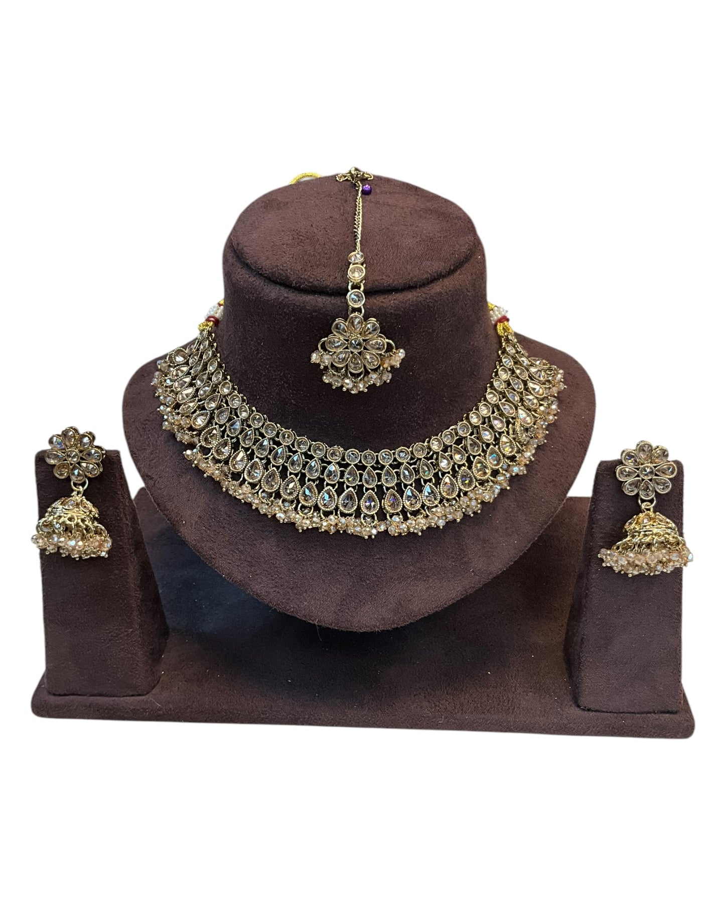 Rose / Neutral / Crystal - Large Size Antique Gold Finish Necklace Set with Earrings & Tika Head piece - PRI1787 KY 0525