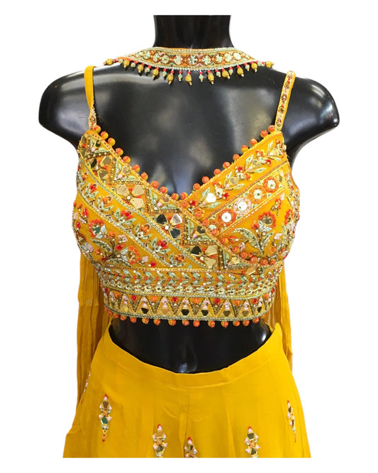 Haldi Yellow - Designer Ladies Short Top Palazzo Trousers Suit - Size 12 (38") - VMK POOJA CP