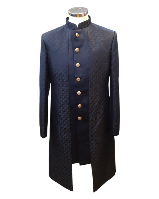Navy Blue - Classic Self Brocade Panelled Sherwani with Tousers - XS, S, M, L, XL to XXXL BS990 01RA25