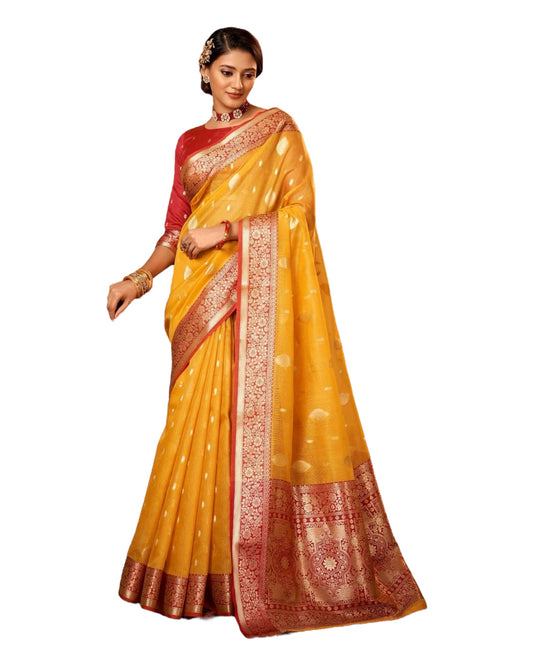 Orange with Red border - Handloom - Cotton Silky Banarasi Saree with Blouse Piece - RP84004 10KP25