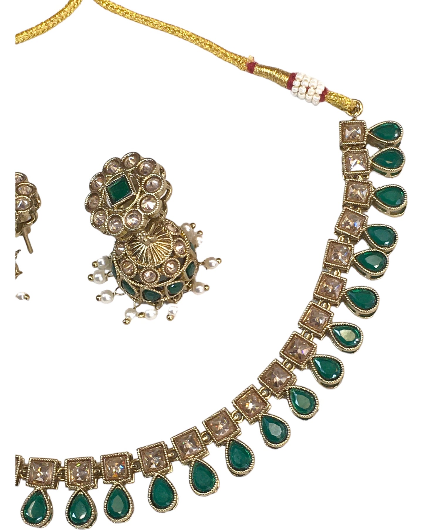 Green - Medium Size Antique Gold Finish Necklace Set with Earrings - SV2403 H 0424