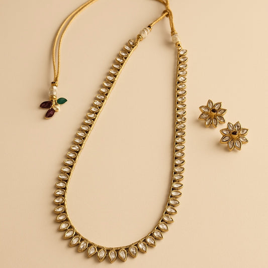 Gold Stone - Small Size Antique Gold Finish Long Necklace Set with Earrings - AE2509 C 0525