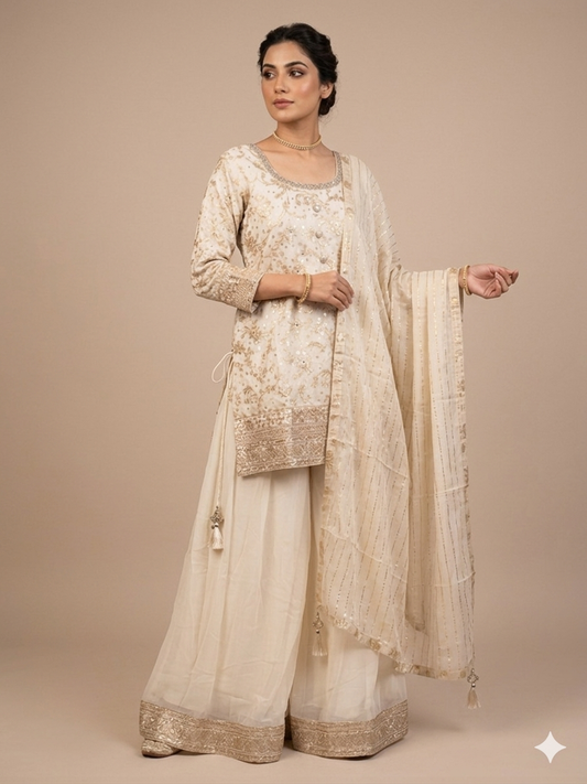 UK 18 / 44" - Cream / Light Gold - Crepe Ladies Sharara / Palazzo Trousers Suit - Sangeet / Henna / Temple - OC83009 JV