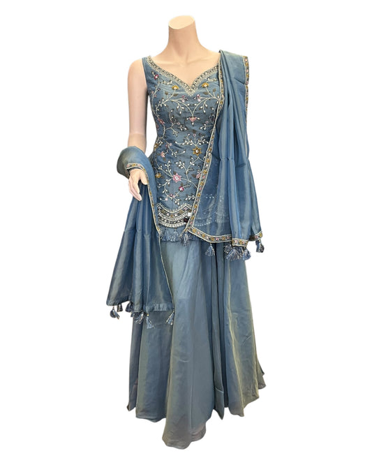 Bluish Grey - Designer Ladies Medium Top Palazzo Trousers Suit - Size 12 (38") - VMK AQUA 09AP25