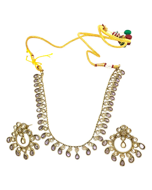 Lilac - Small Size Antique Gold Finish Necklace Set with Earrings - Bollywood - AE2519 08C25