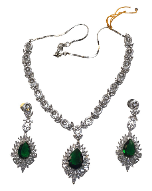 Green - Medium - Silver Finish Necklace Set with Earrings - AE2406 A 0724