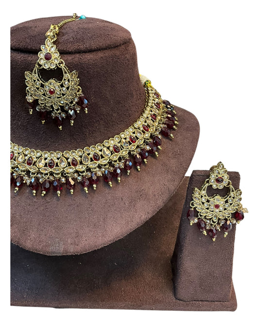 Maroon - Medium Size Antique Gold Finish Necklace Set with Earrings - RZ31 KYp