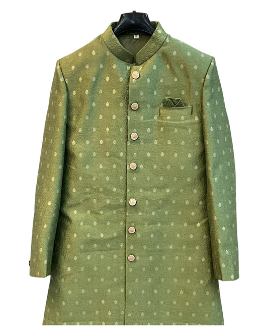Mehndi Henna Green - Classic Banarasi Handloom Brocade Sherwani with Gold Buttons - BS787 JP 08JC25