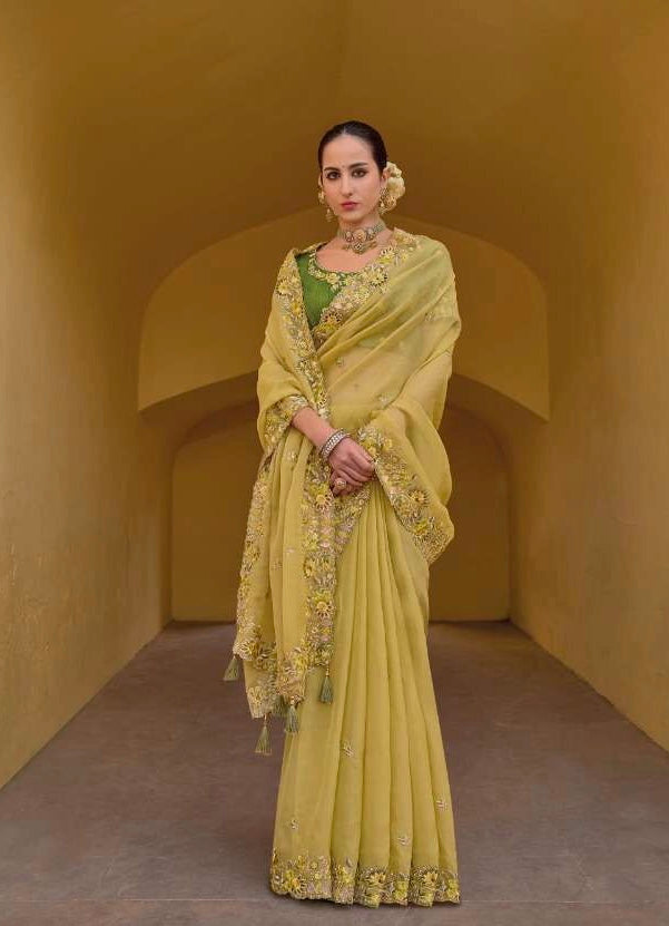 Yelllow - Chiffon Saree with Fancy Ready made Blouse - TAT6904 TA 0624